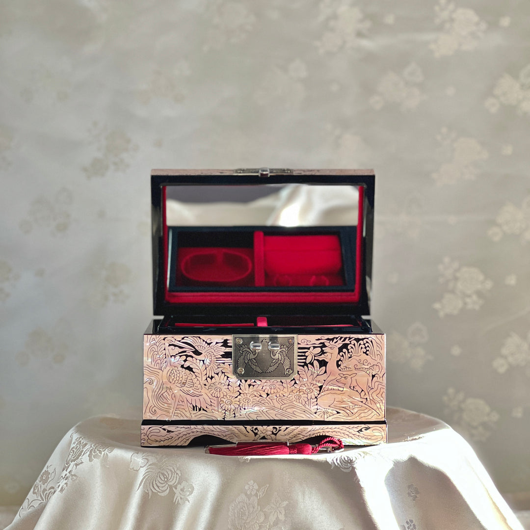 Mother of Pearl Pink-beige Jewelry Box with Longevity Symbols Pattern