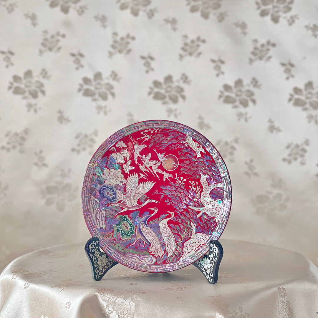 Mother of Pearl Red Plate with Crane and Pine Pattern