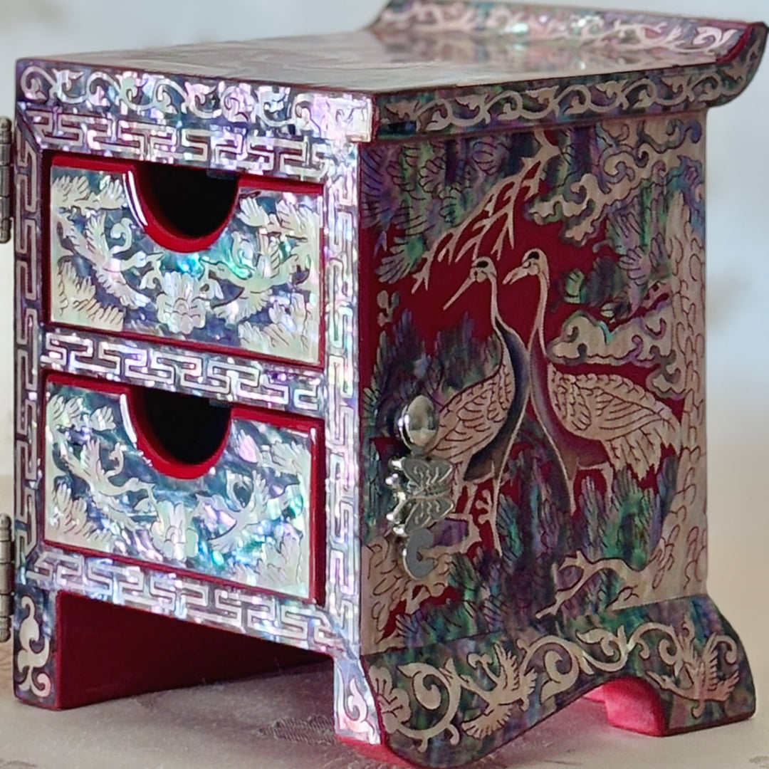 Mother of Pearl Red Jewelry Box with Pine and Crane Design