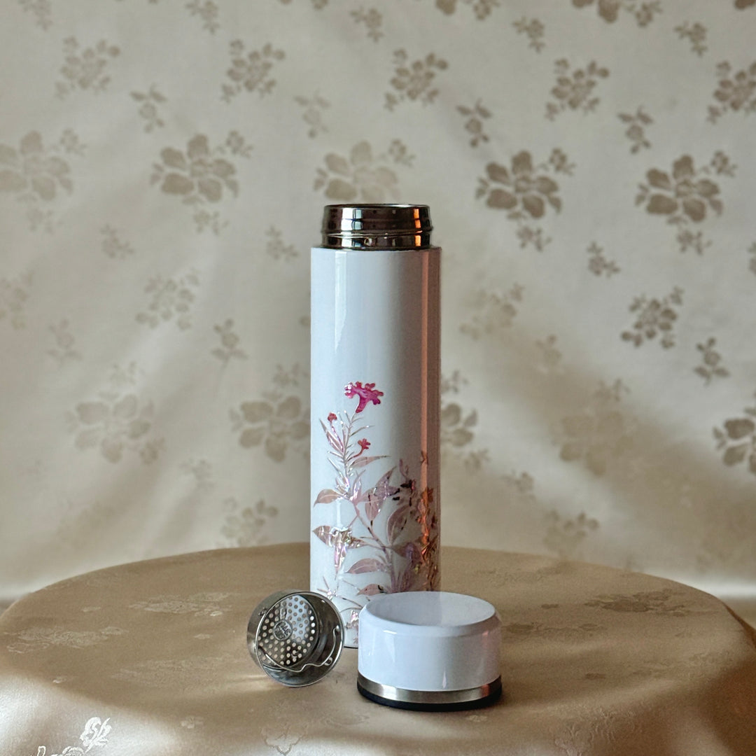 Mother of Pearl White Stainless Thermal Bottle with Pattern of Celosia Cristata and Frog