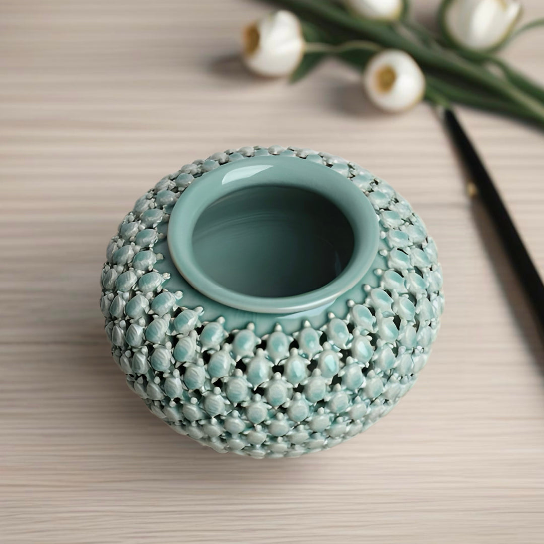 Celadon Double-Wall Openwork Vase with Pattern of Turtles