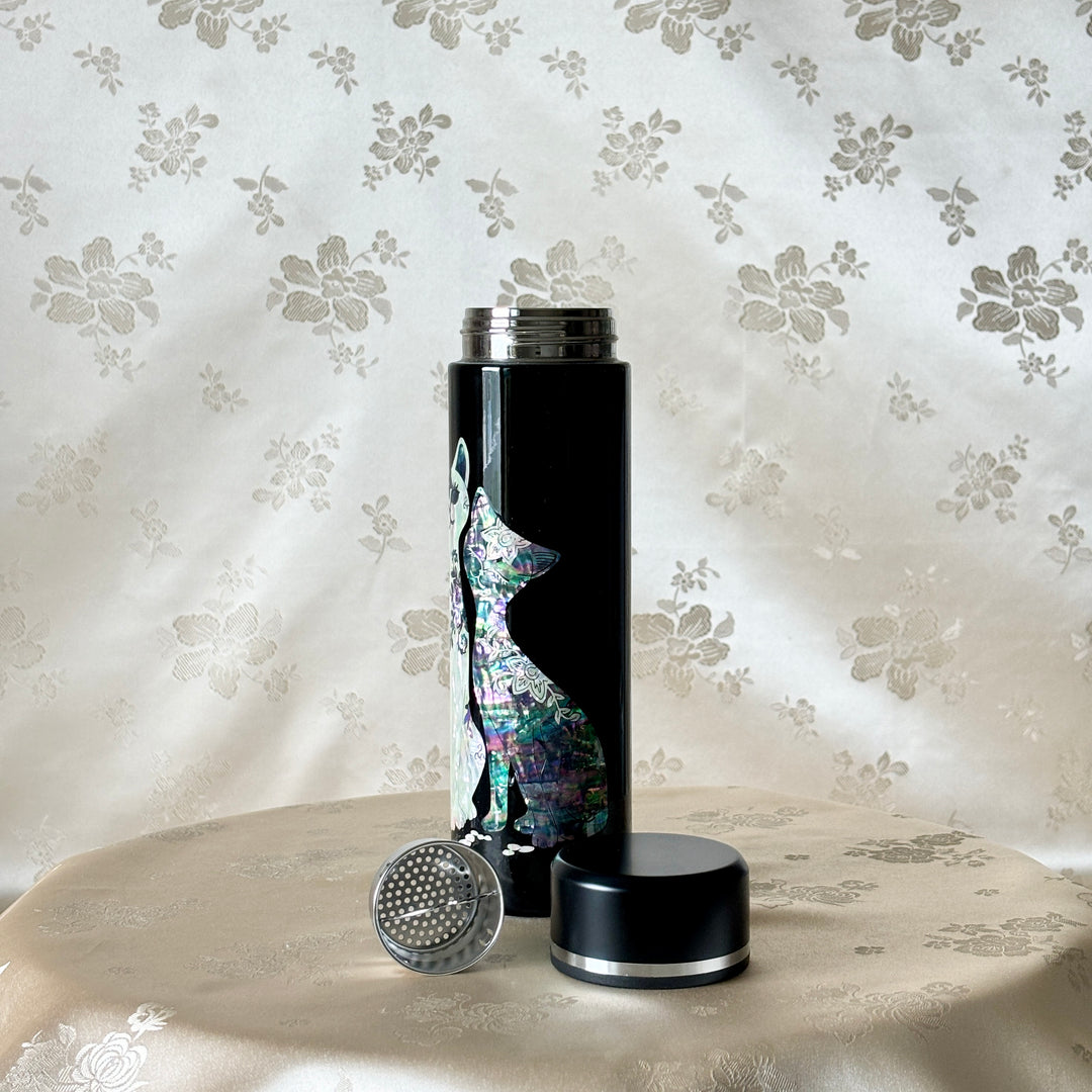 Mother of Pearl Black Stainless Thermal Bottle with Cats Pattern