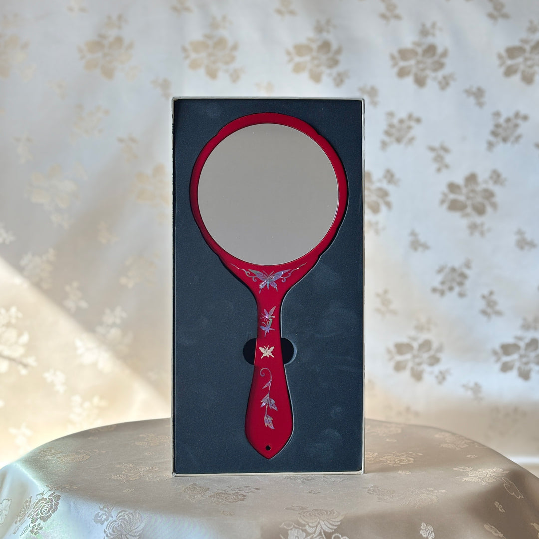 Red Mother of Pearl Hand Mirror with Butterfly and Flower Motif