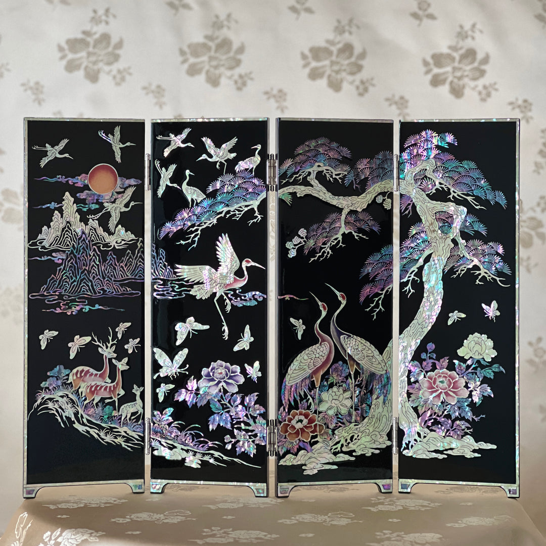 4-Panel Tabletop Mother of Pearl Folding Screen with Longevity Symbols