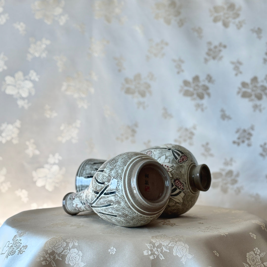 Buncheong Ware Vase Set: Lotus Flower Inlay and Chrysanthemum Stamped Designs