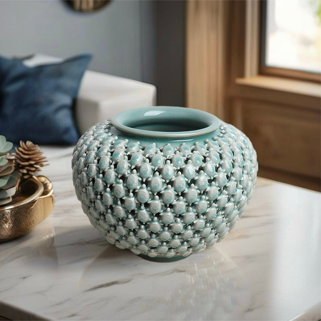 Celadon Double-Wall Openwork Vase with Pattern of Turtles