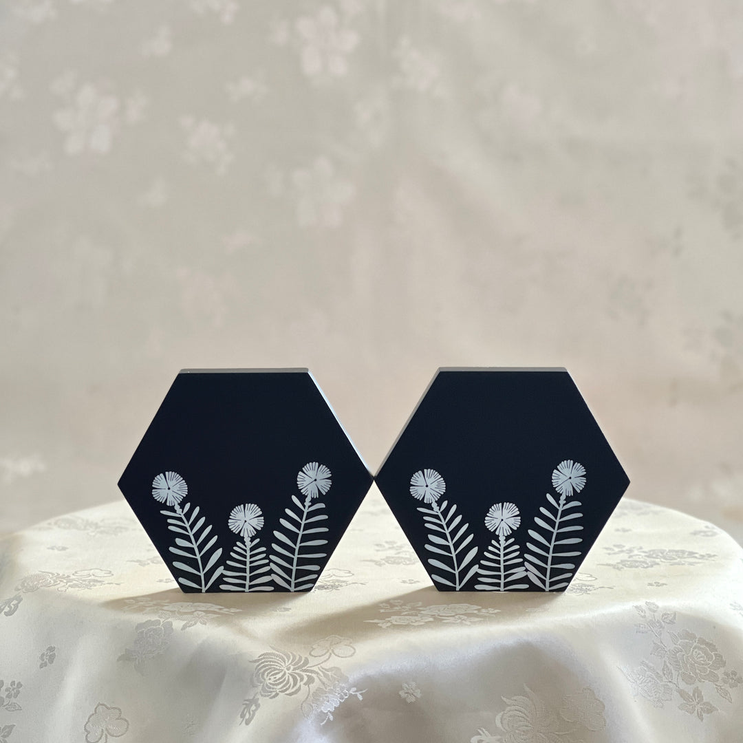 Mother of Pearl Set of 2 Wooden Hexagon Cup Coasters with Flower Pattern