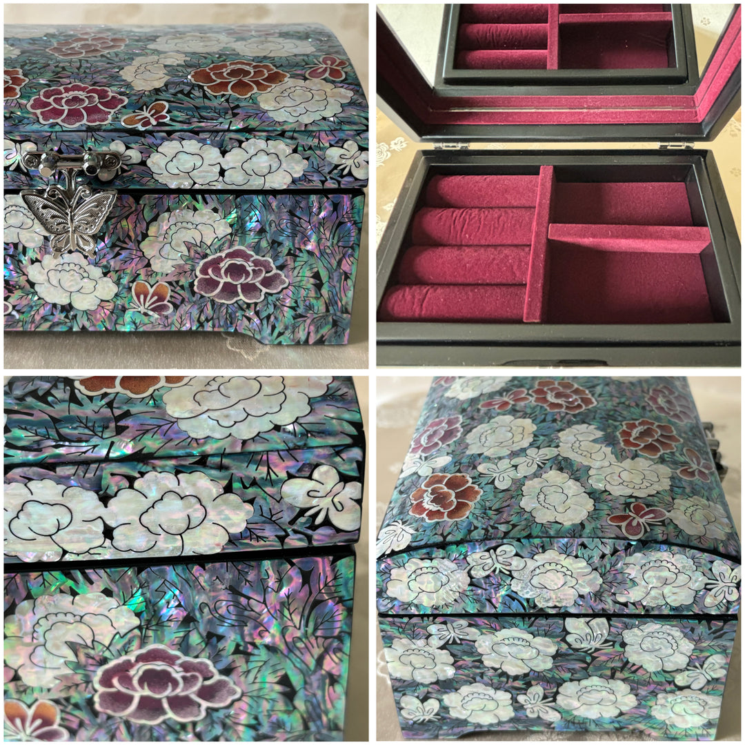 Mother of Pearl Jewelry Box with Butterfly and Peony Flower Pattern