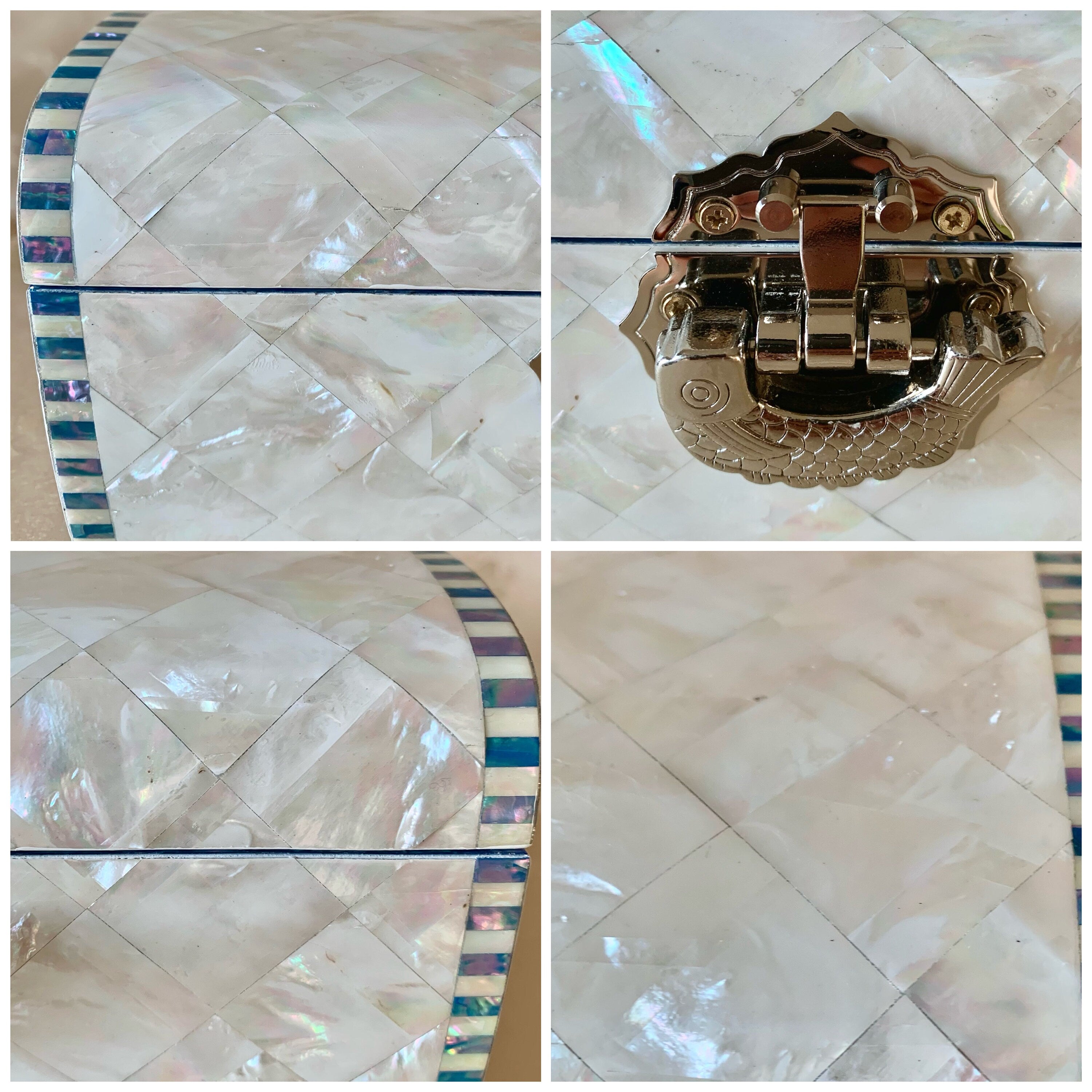 Close-up view of the checkered pattern on the white mother of pearl jewelry box.