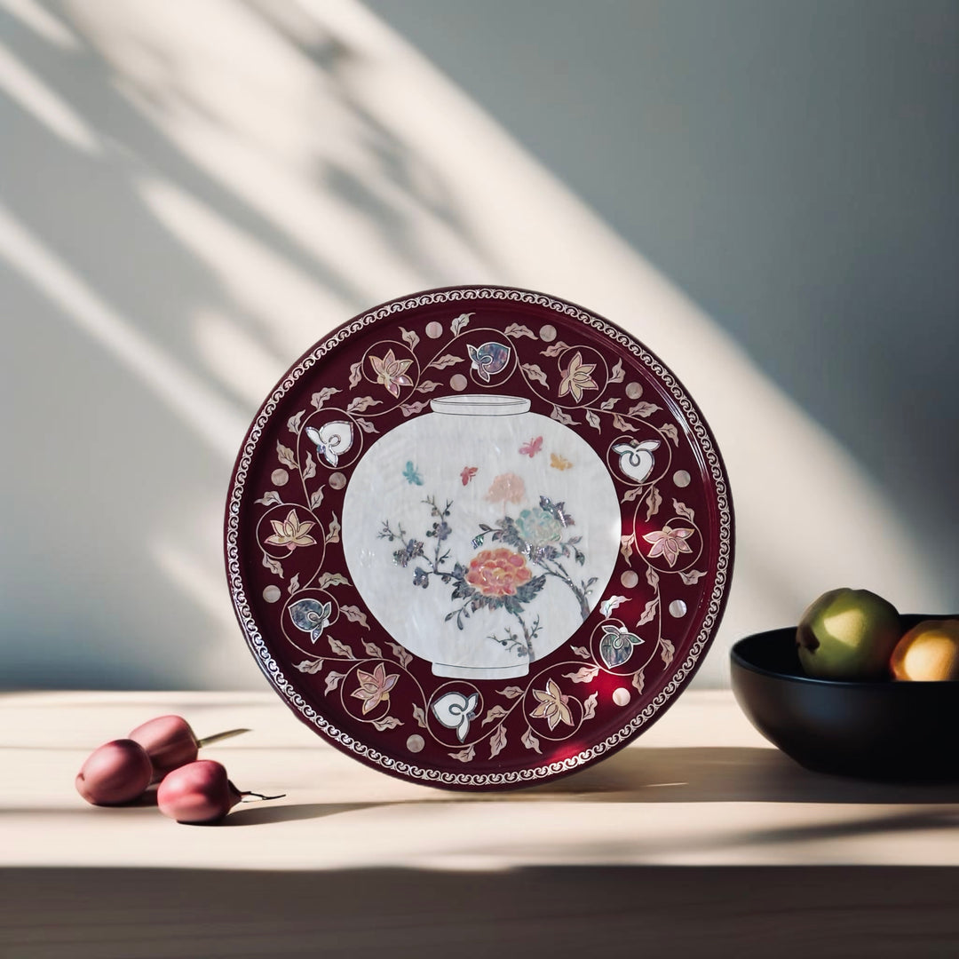 Mother of Pearl Table Featuring Peony Pottery and Lotus Vine Motif