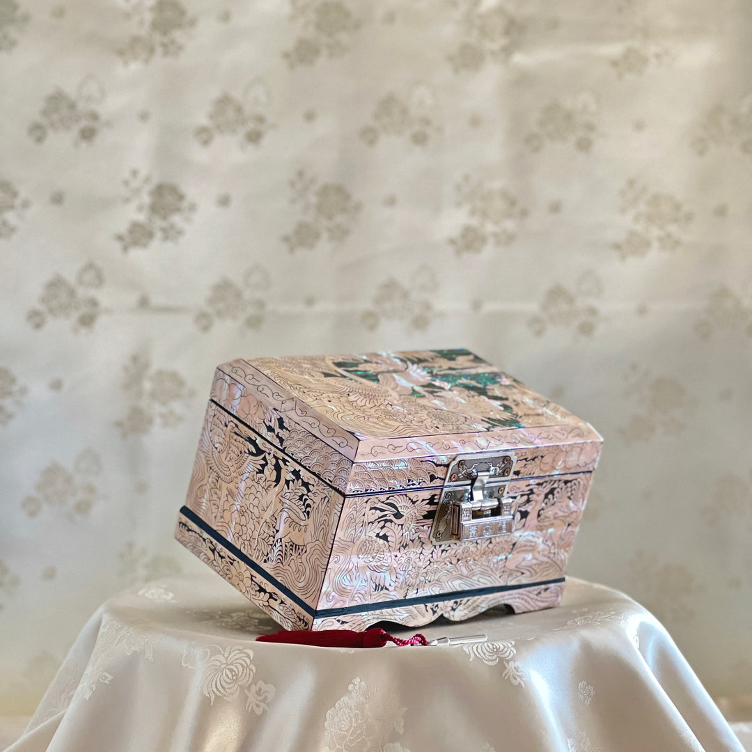 Mother of Pearl Pink-beige Jewelry Box with Longevity Symbols Pattern