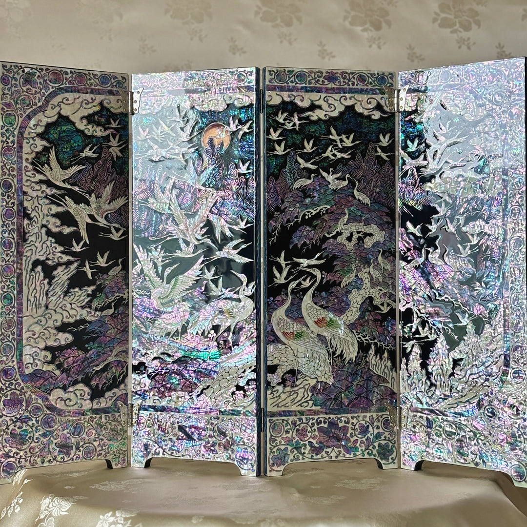 Mother of Pearl Wooden Folding Screen with One Hundred Cranes Pattern