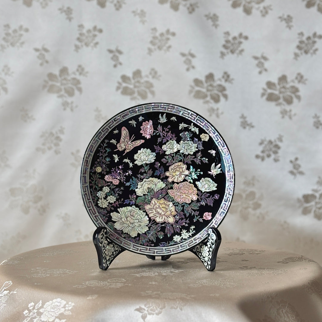 Mother of Pearl Decorative Plate with Peony and Butterfly Design