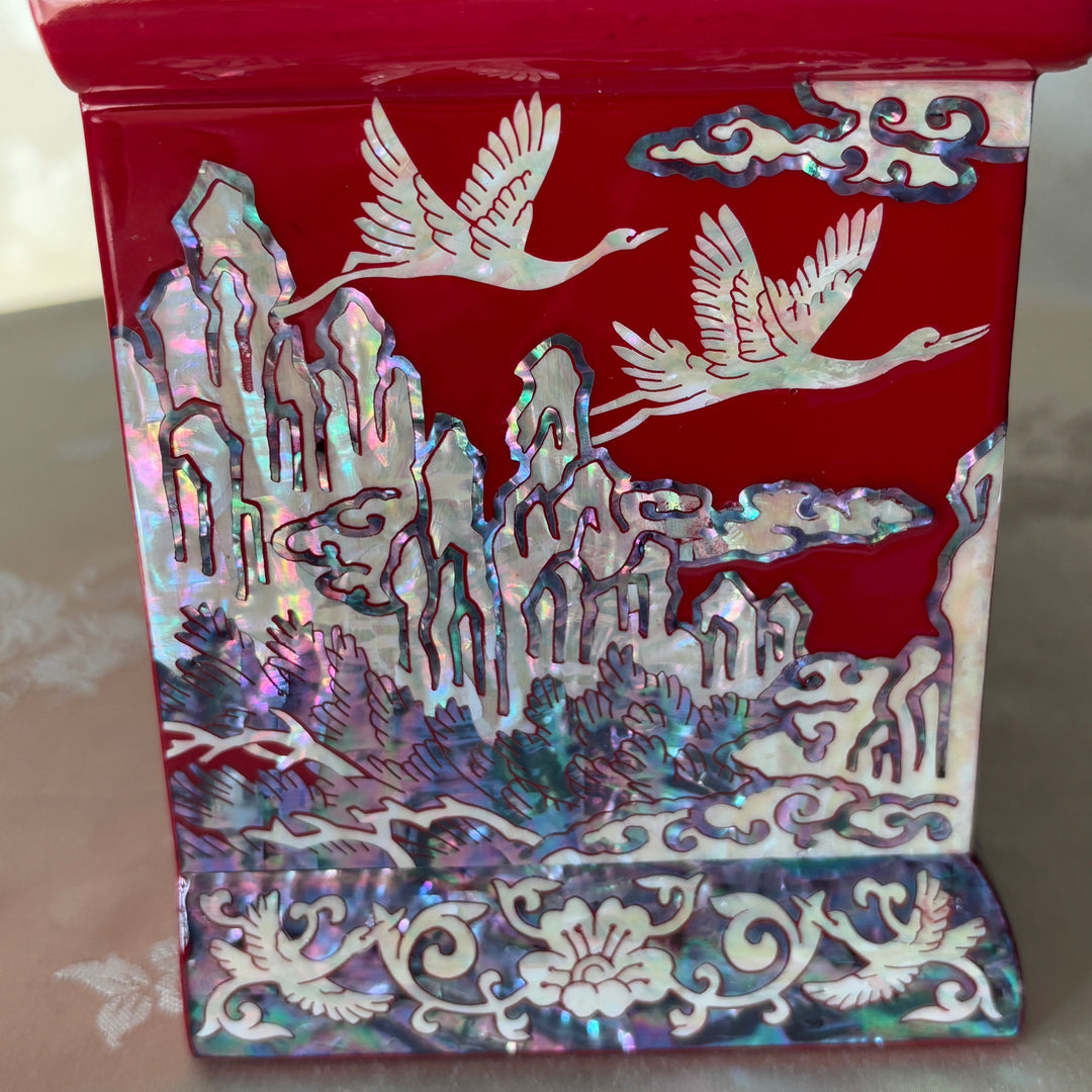 Mother of Pearl Red Jewelry Box with Pine and Crane Design