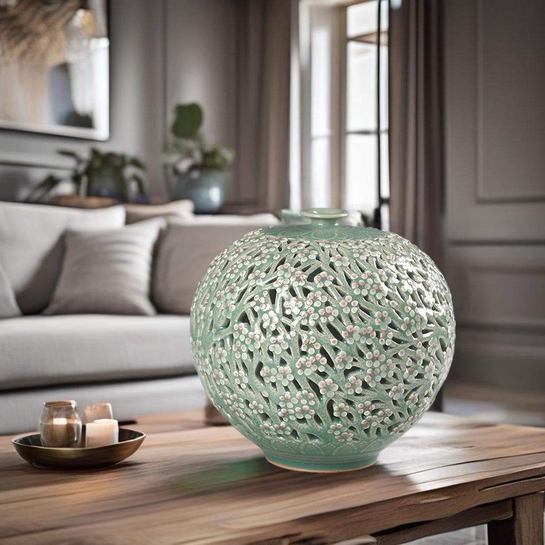 Celadon Double-Wall Openwork Vase with Plum Blossom Pattern