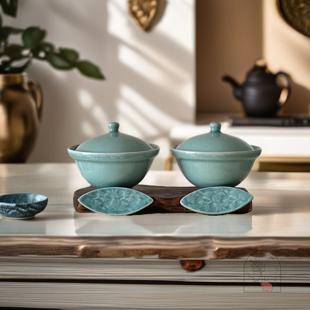 Celadon Soup Bowl Set with Matching Chopstick Rests