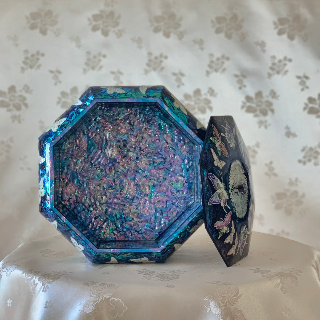 Mother of Pearl Octagon Jewelry Box with Crane and Butterfly Pattern