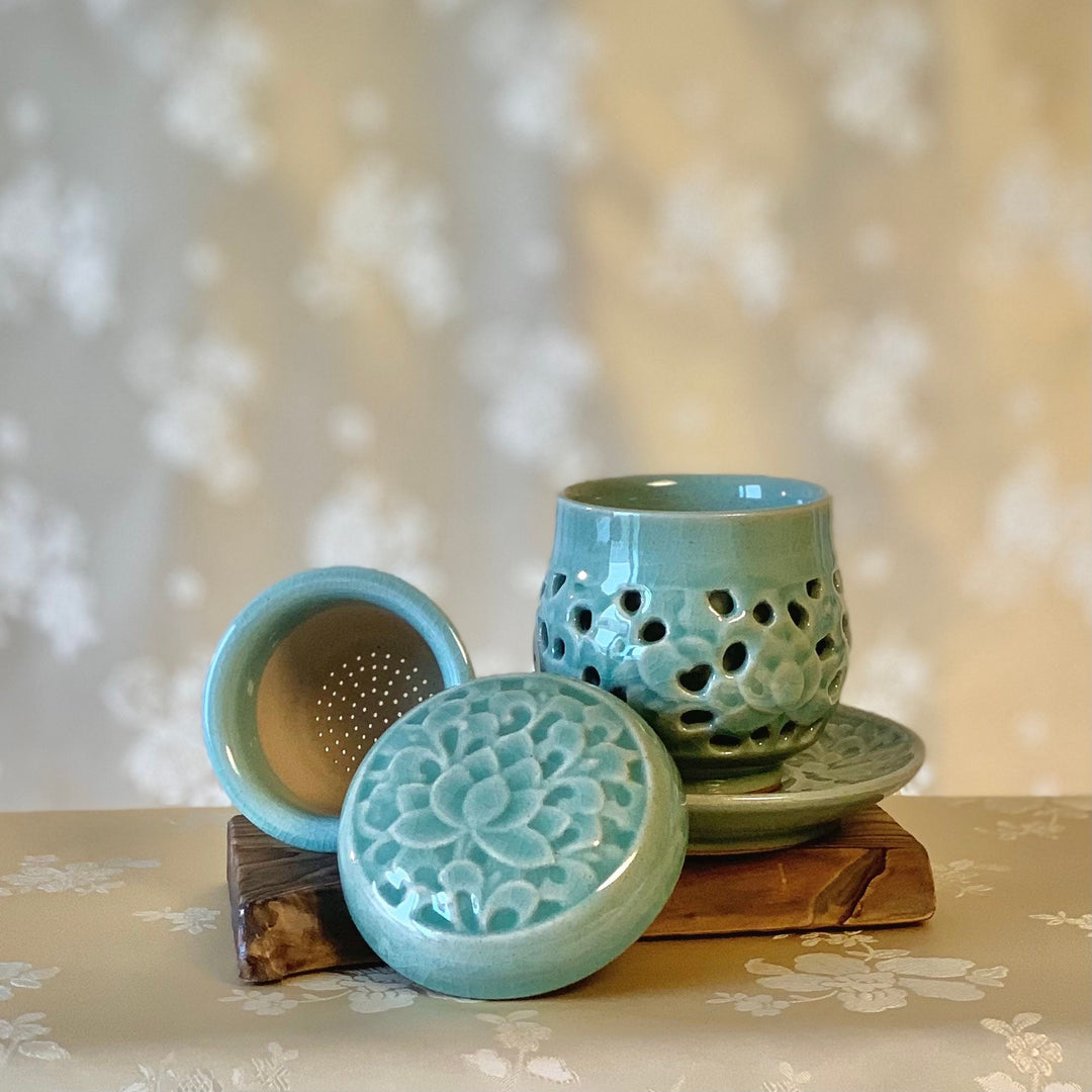 Celadon Double-Wall Openwork Tea Cup with Lotus Motif