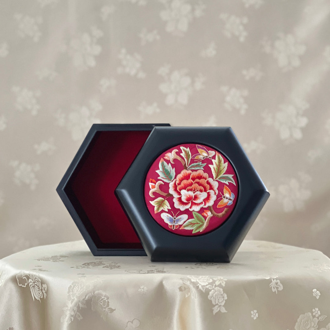 Red Silk Embroidered Peony and Butterfly Hexagonal Storage Box