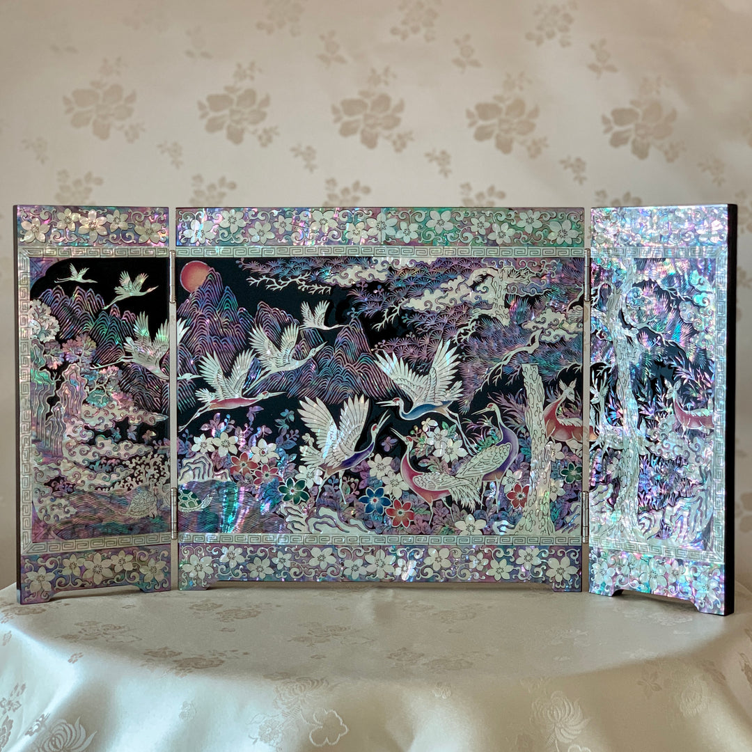 Mother of Pearl 3-Panel Tabletop Folding Screen with Longevity Symbols