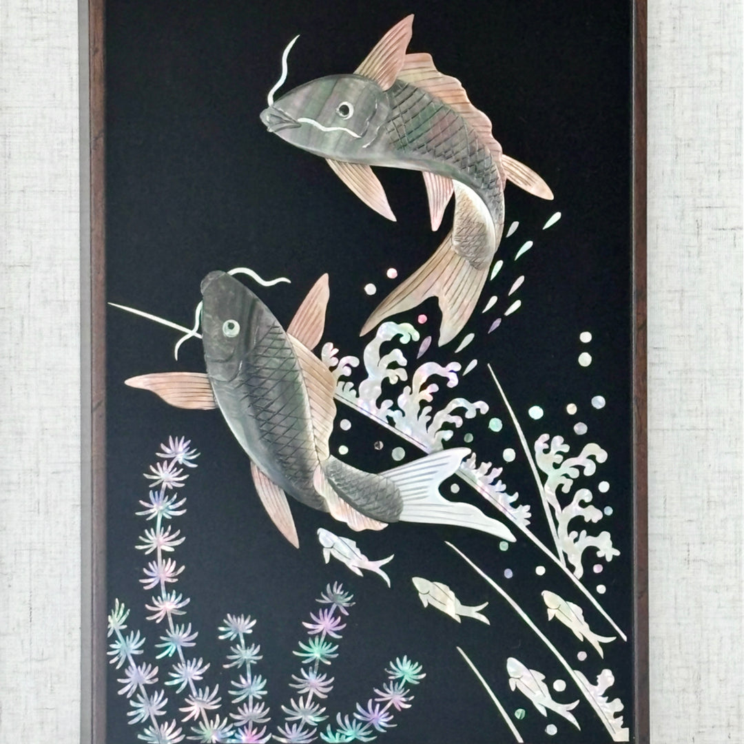 Mother of Pearl Artwork Frame with Carp Design in Original Shell