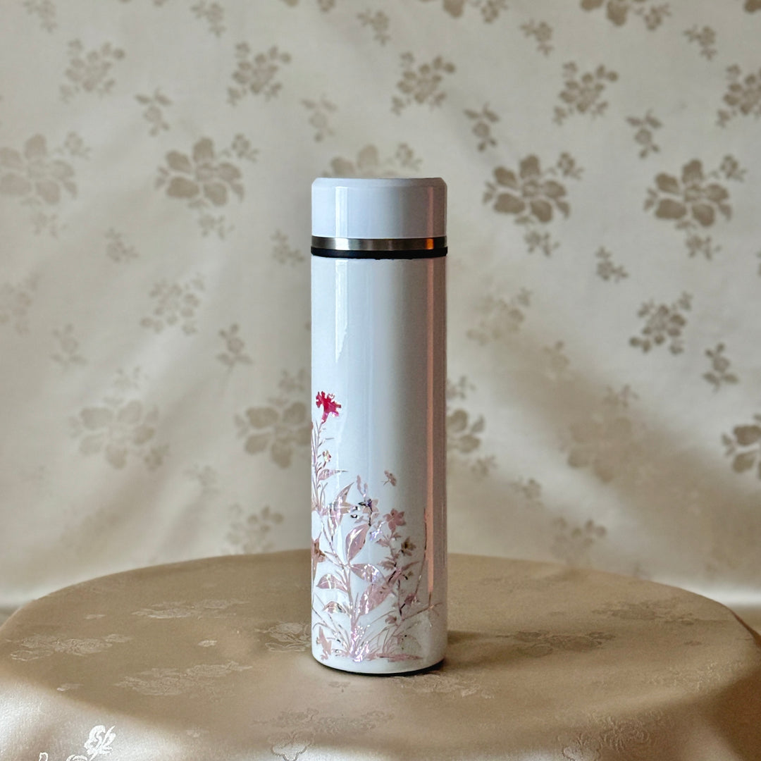 Mother of Pearl White Stainless Thermal Bottle with Pattern of Celosia Cristata and Frog