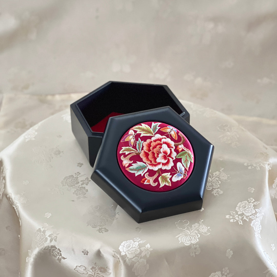 Red Silk Embroidered Peony and Butterfly Hexagonal Storage Box