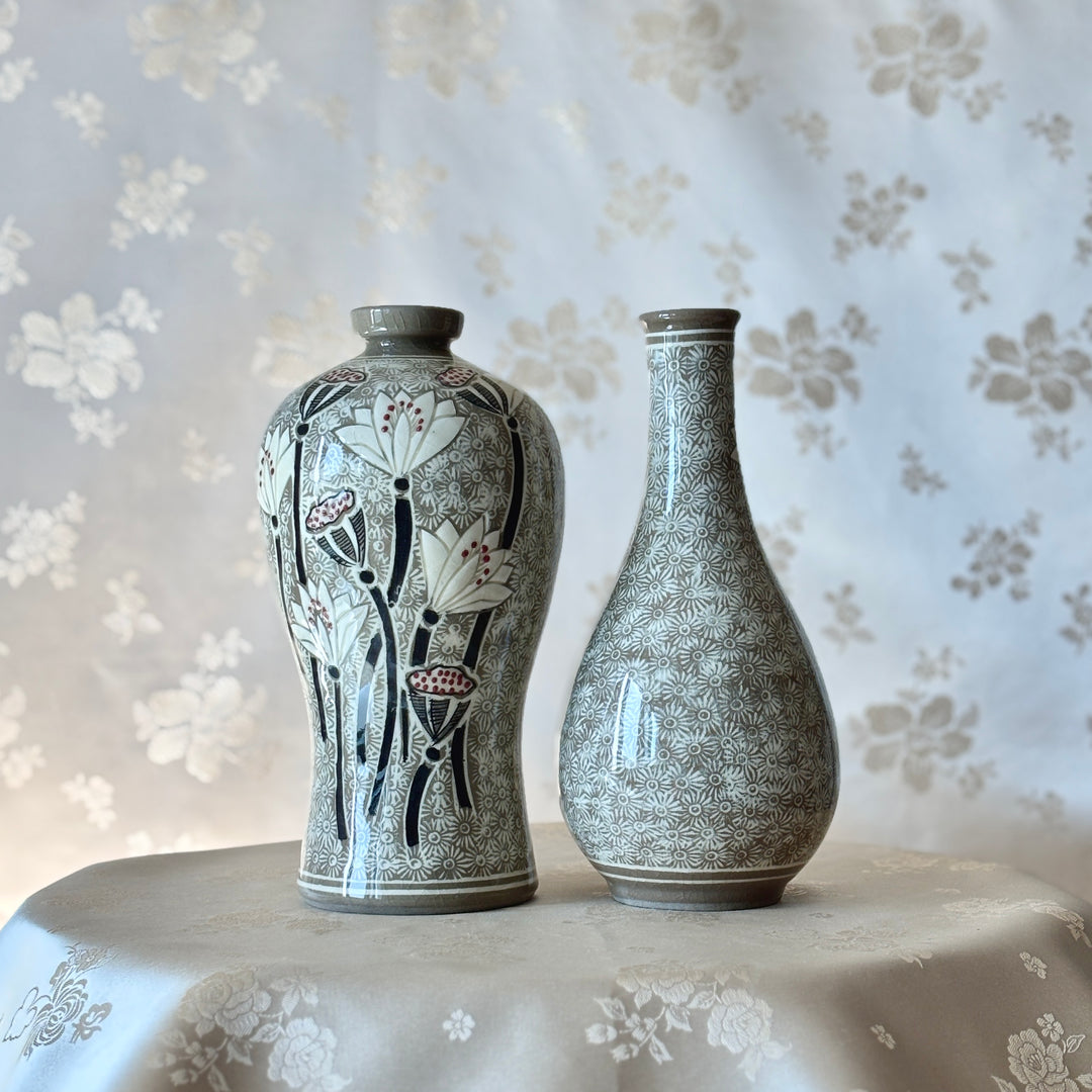 Buncheong Ware Vase Set: Lotus Flower Inlay and Chrysanthemum Stamped Designs