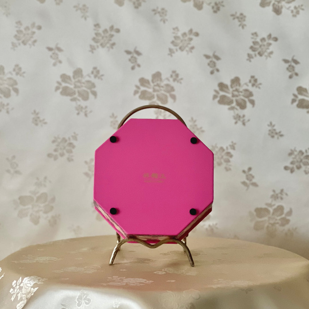 Mother of Pearl Octagon Pink Jewelry Box with Peony and Butterfly Pattern