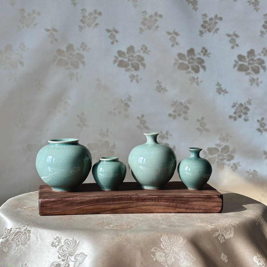 Celadon Miniature Vase Set with Wooden Board