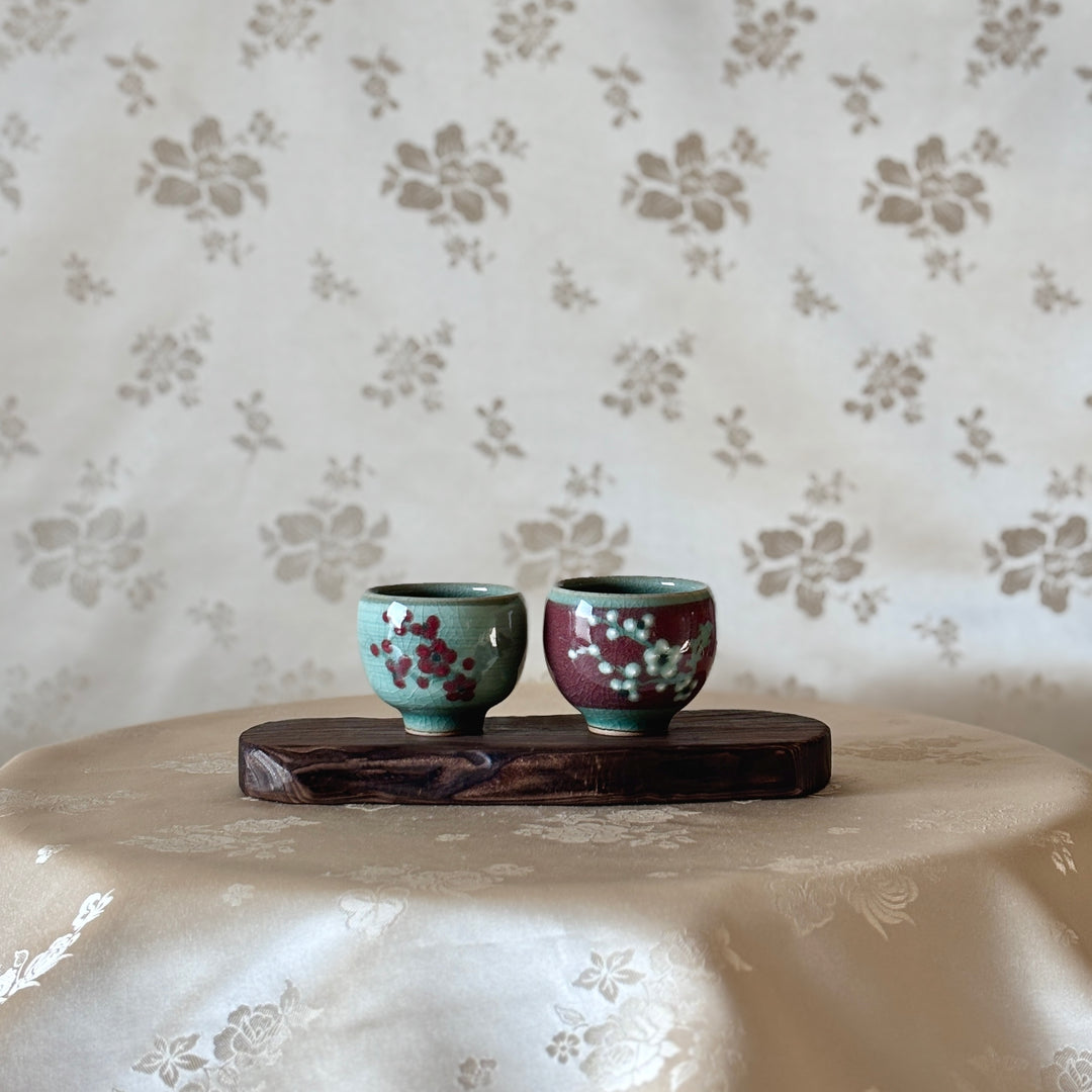 Celadon Cup Set with Distinct Color Inlays: Plum Blossom Motif