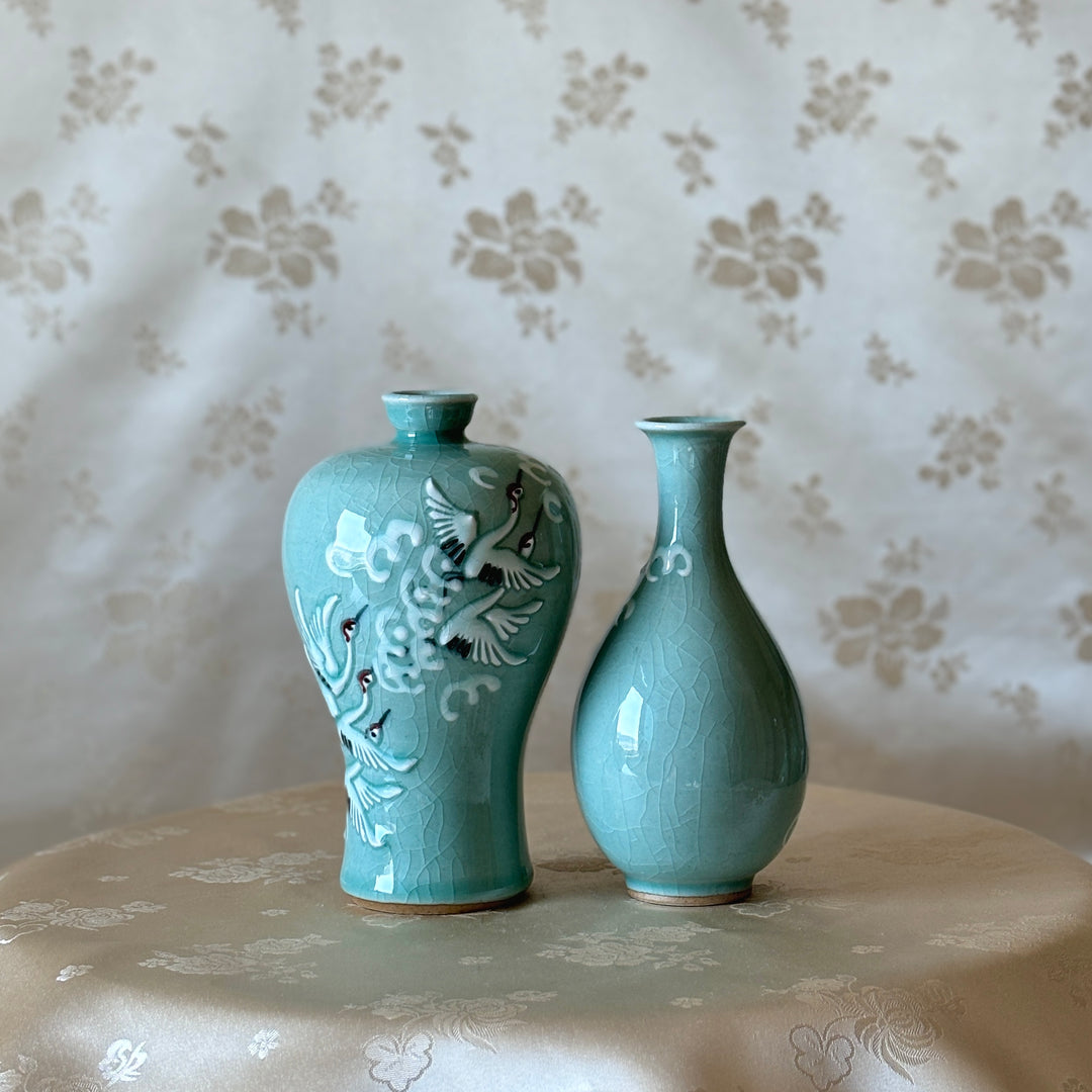 Celadon Vase Set with Embossed Flying Crane and Cloud Pattern