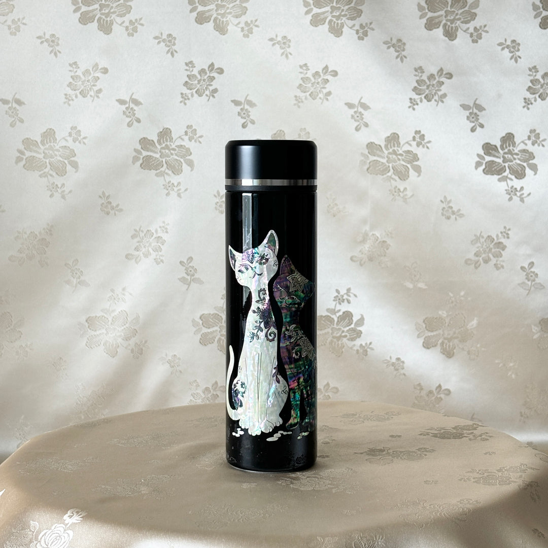 Mother of Pearl Black Stainless Thermal Bottle with Cats Pattern