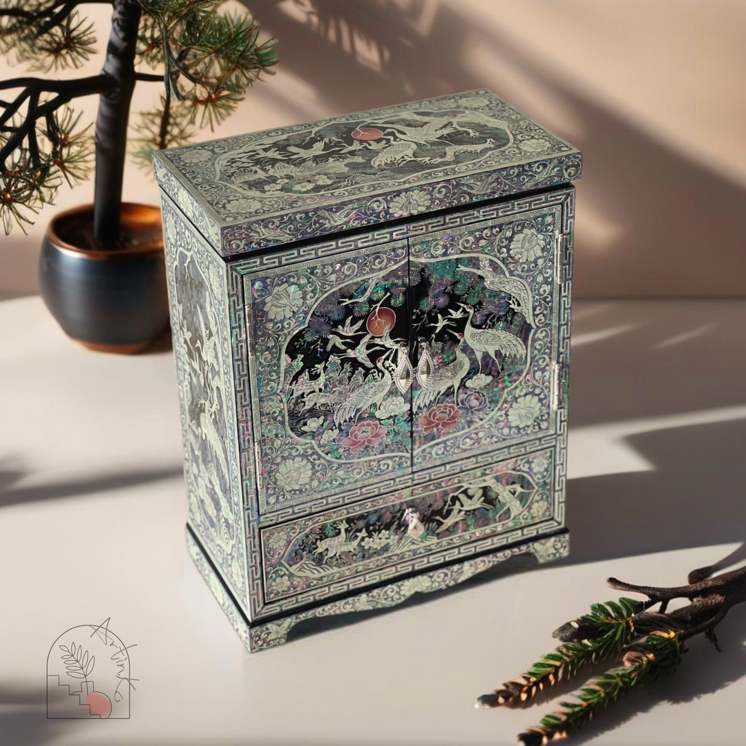 Mother of Pearl Double Door Jewelry Box with Longevity Symbols