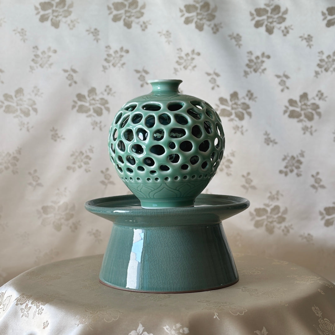 Celadon Double-Wall Openwork Vase with Intricate Carved Lotus, Crane and Cloud Design