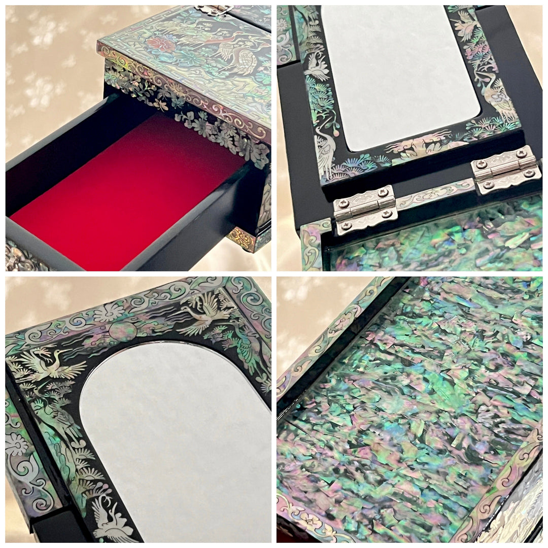 Mother of Pearl Small Size Jewelry Box with Mirror Stand and Pattern of Longevity Symbols