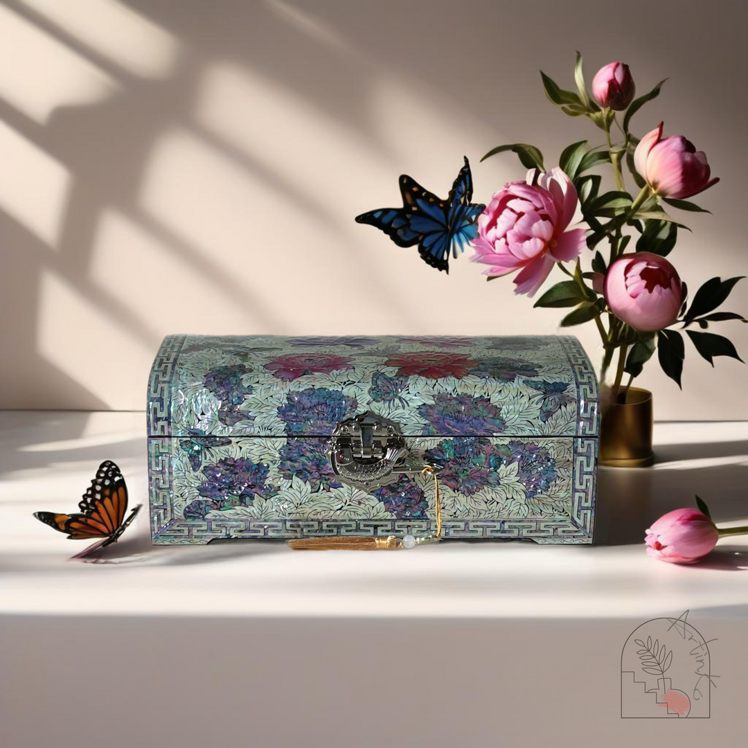 Mother of Pearl Handmade Wooden Jewelry Box with Butterfly and Peony Pattern