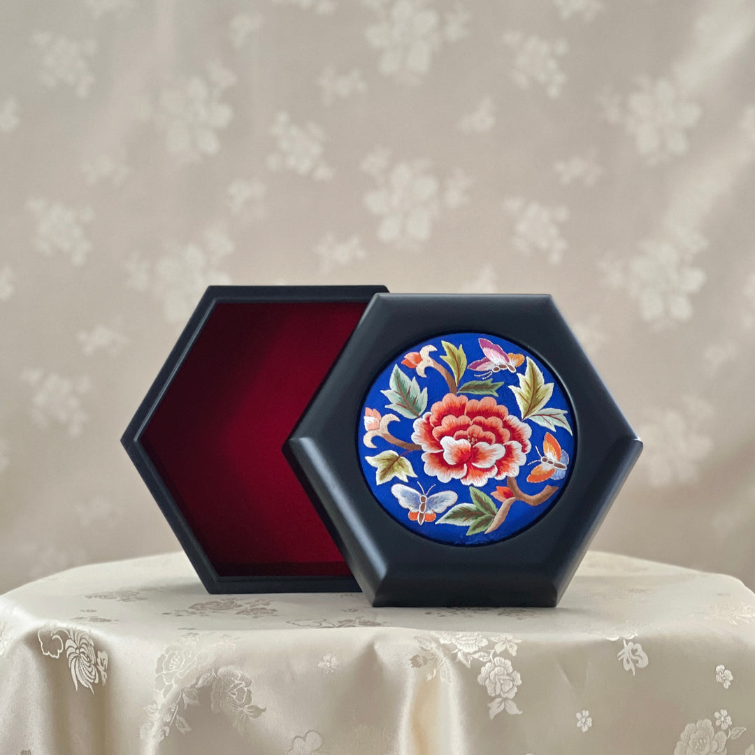 Navy Silk Embroidered Peony and Butterfly Hexagonal Storage Box