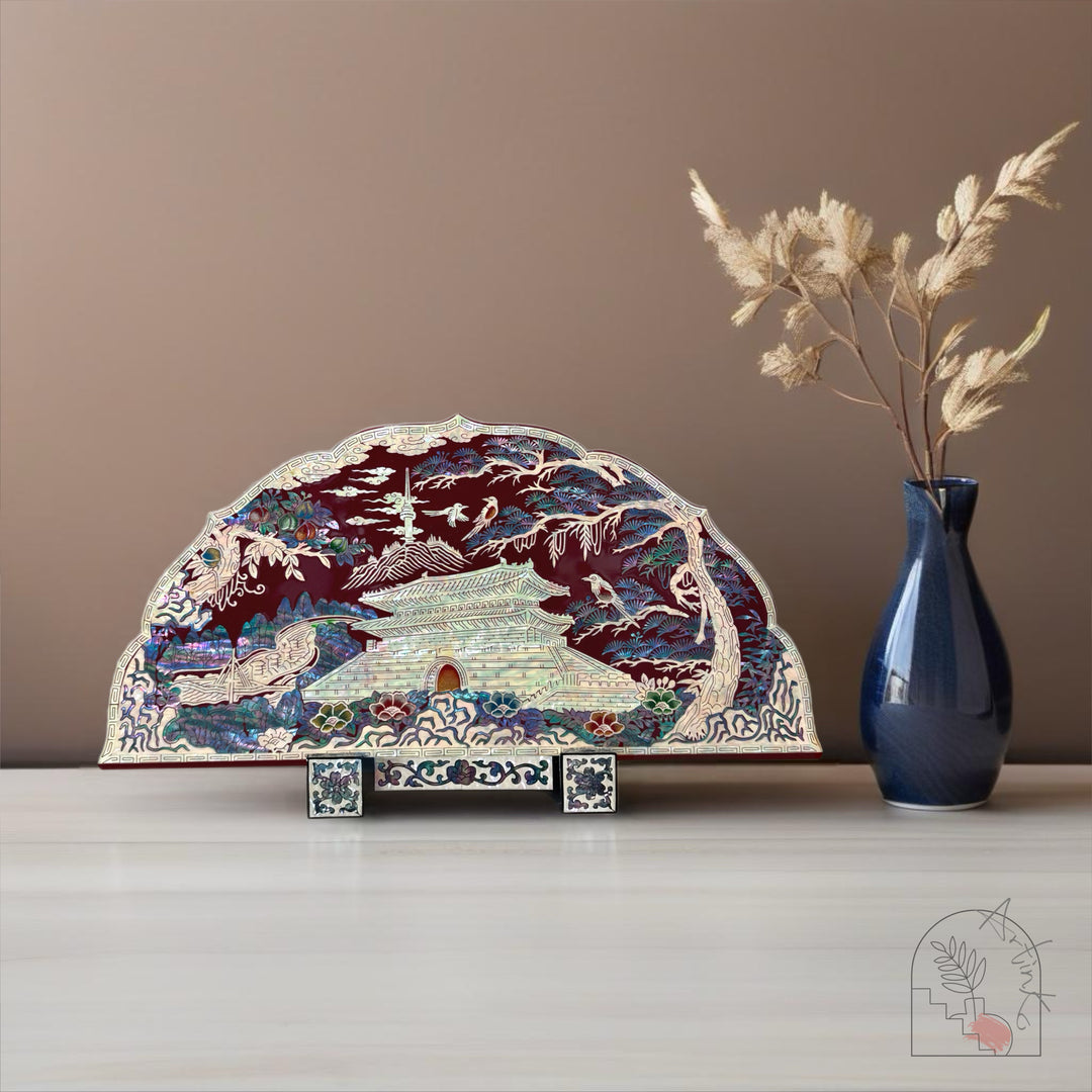 Mother of Pearl Fan-Shaped Decor in Wine Color Featuring Seoul’s Iconic Landmarks