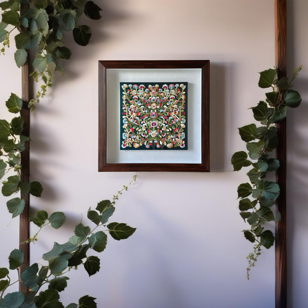 Embroidery with Peony and Vines Pattern on Dark Green Silk in Wooden Frame