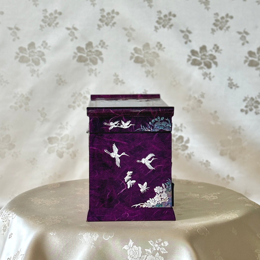 Mother of Pearl Purple Hanji Layered Jewelry Box with Crane and Pine Tree Pattern