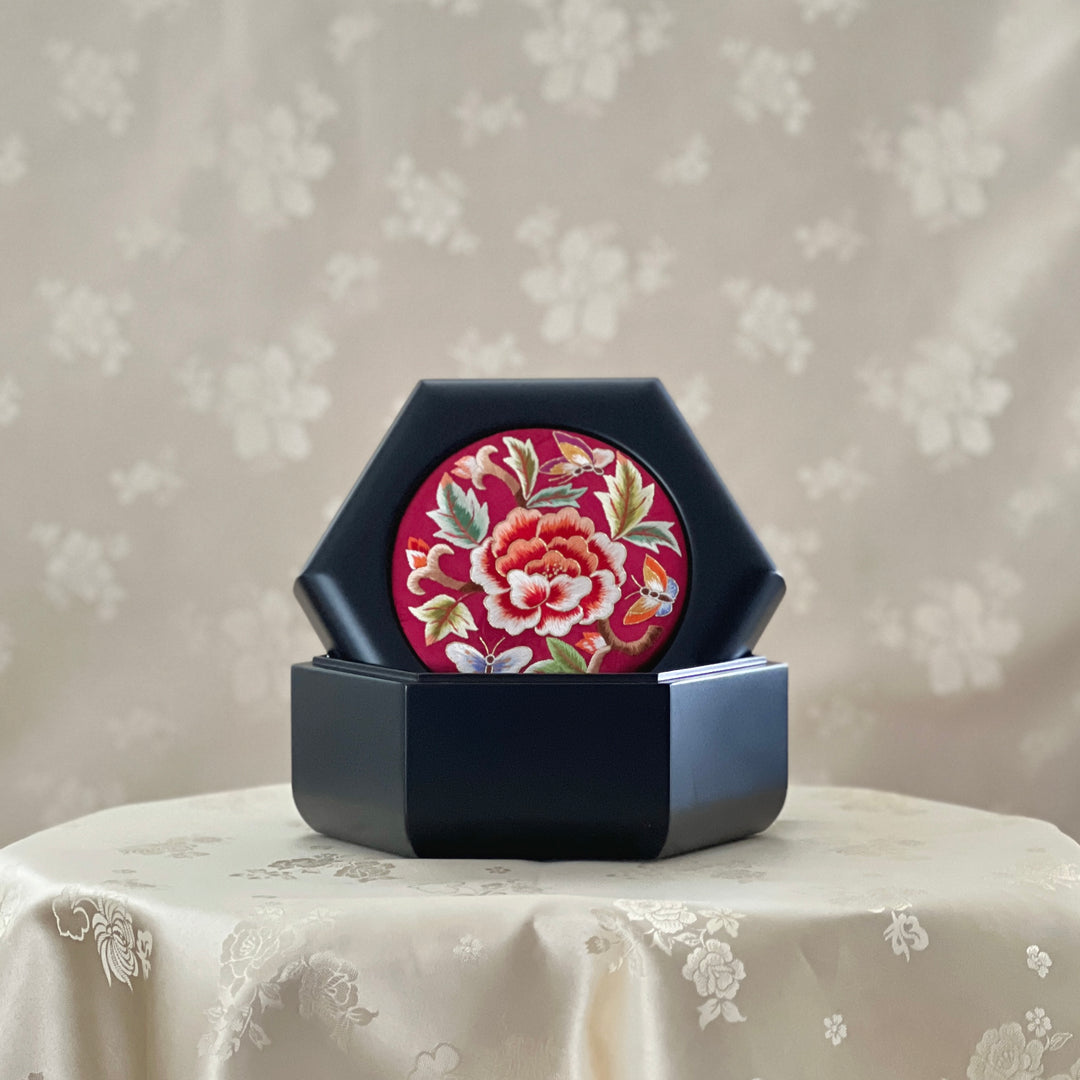 Red Silk Embroidered Peony and Butterfly Hexagonal Storage Box