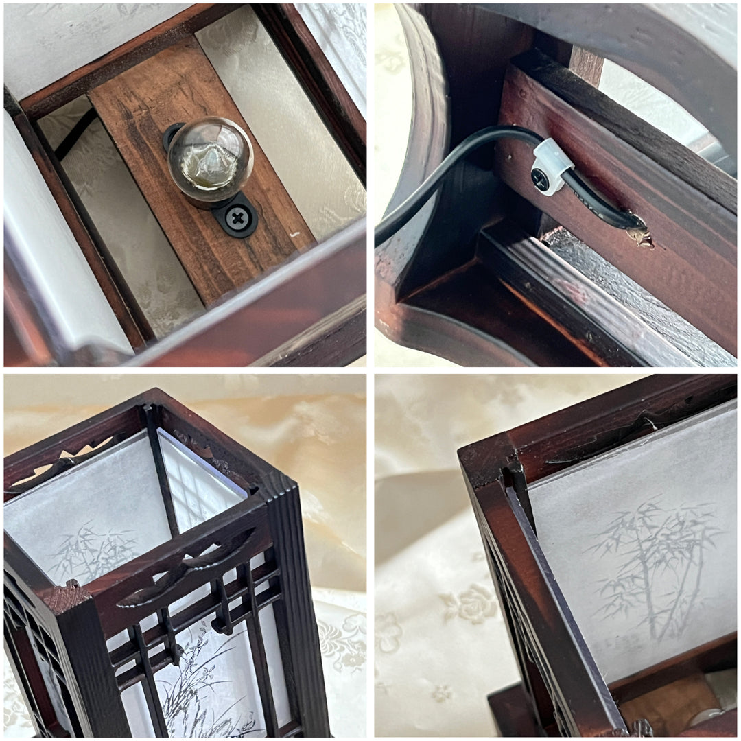 Detailed view of the Korean wooden table lamp showcasing intricate Sagunja patterns.