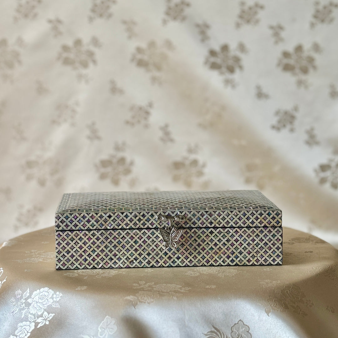 Mother of Pearl Handmade Wooden Letter or Jewelry Box with Chilbo Jeonbo Pattern