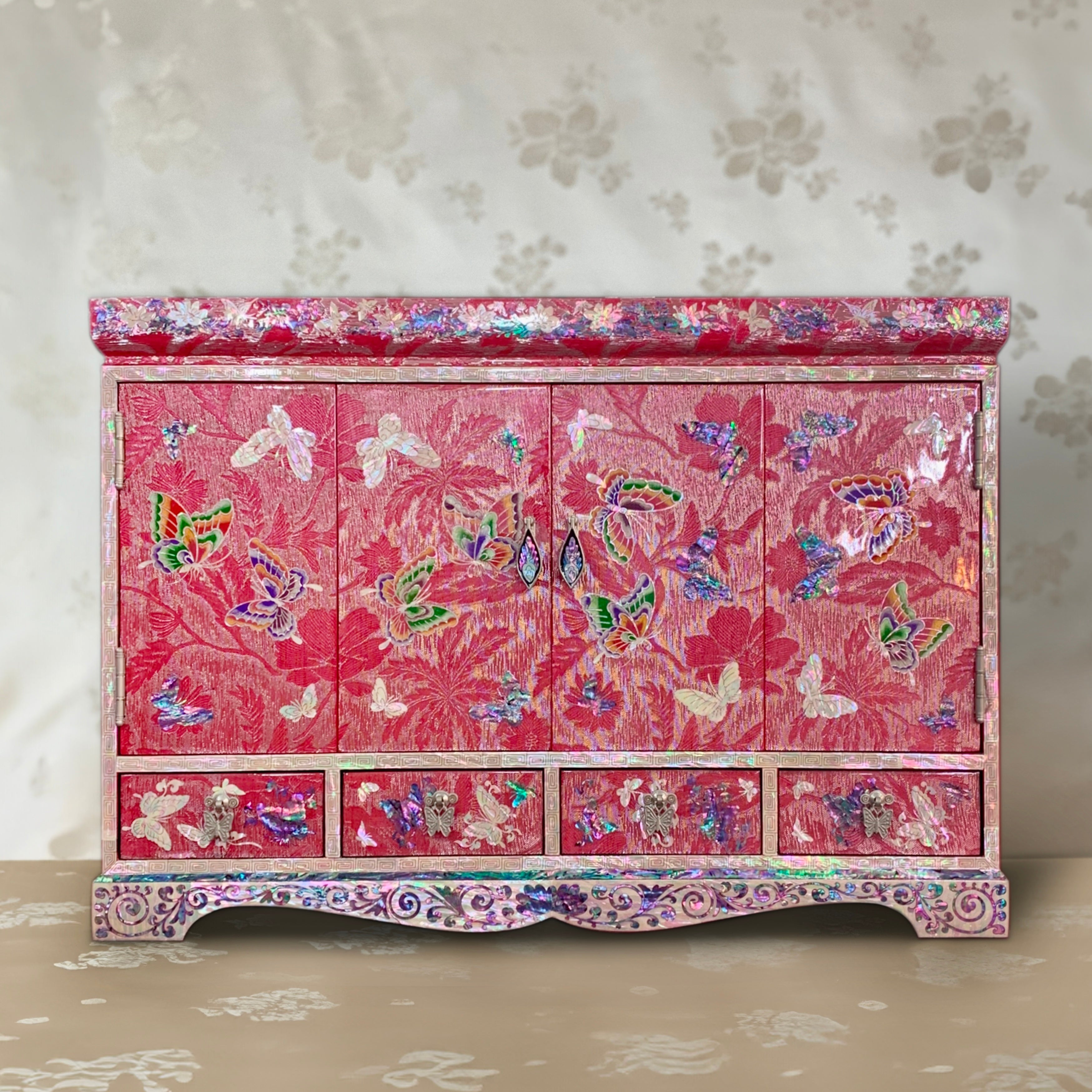 Pink Silk-Layered Mother of Pearl Double Doored Jewelry Box with Butte