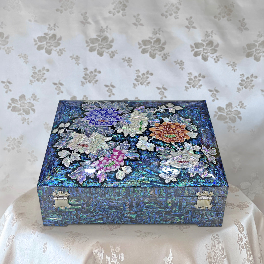 Mother of Pearl Jewelry Ring Box with Peony and Butterfly Pattern