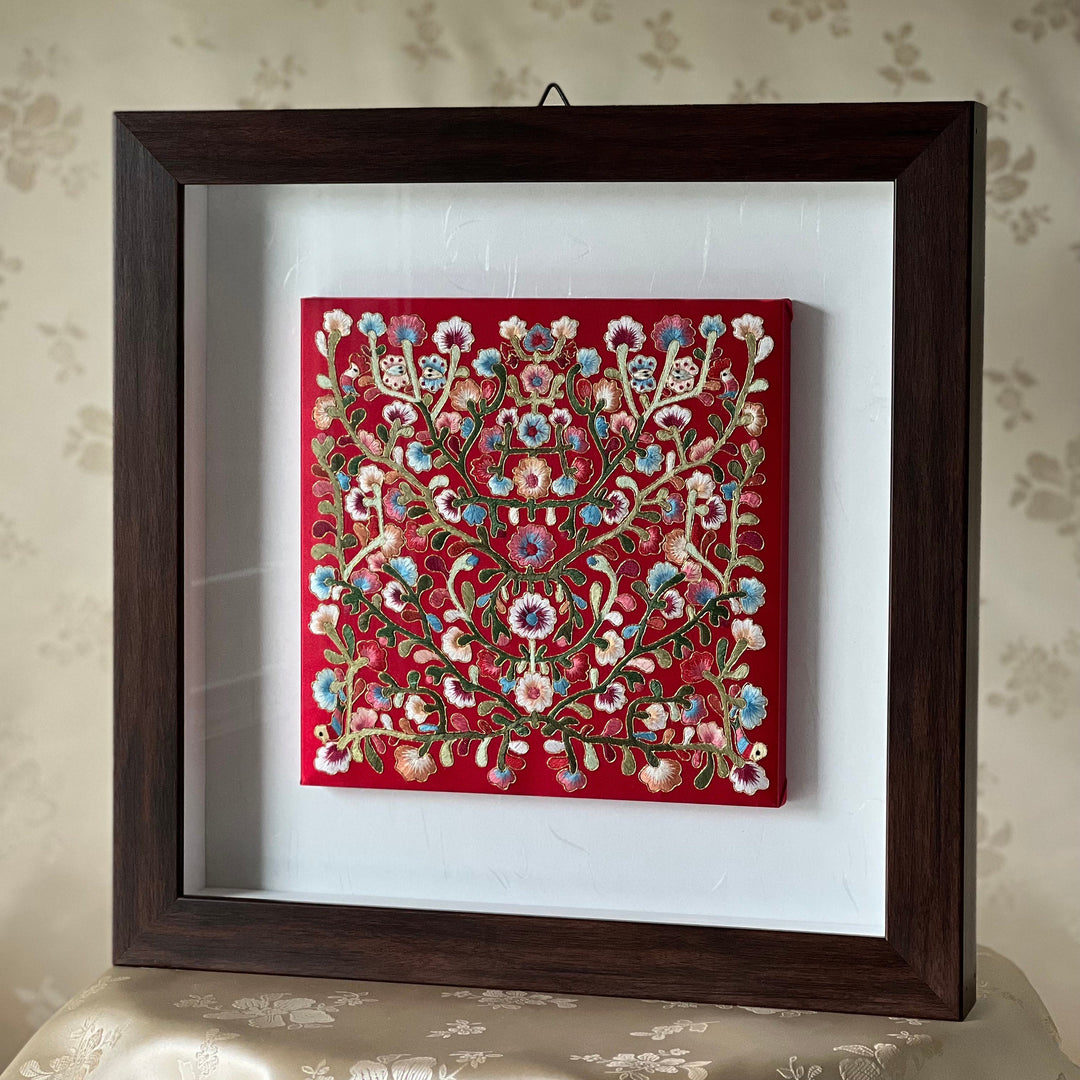 Embroidery with Vine Pattern on Red Silk in Wooden Frame