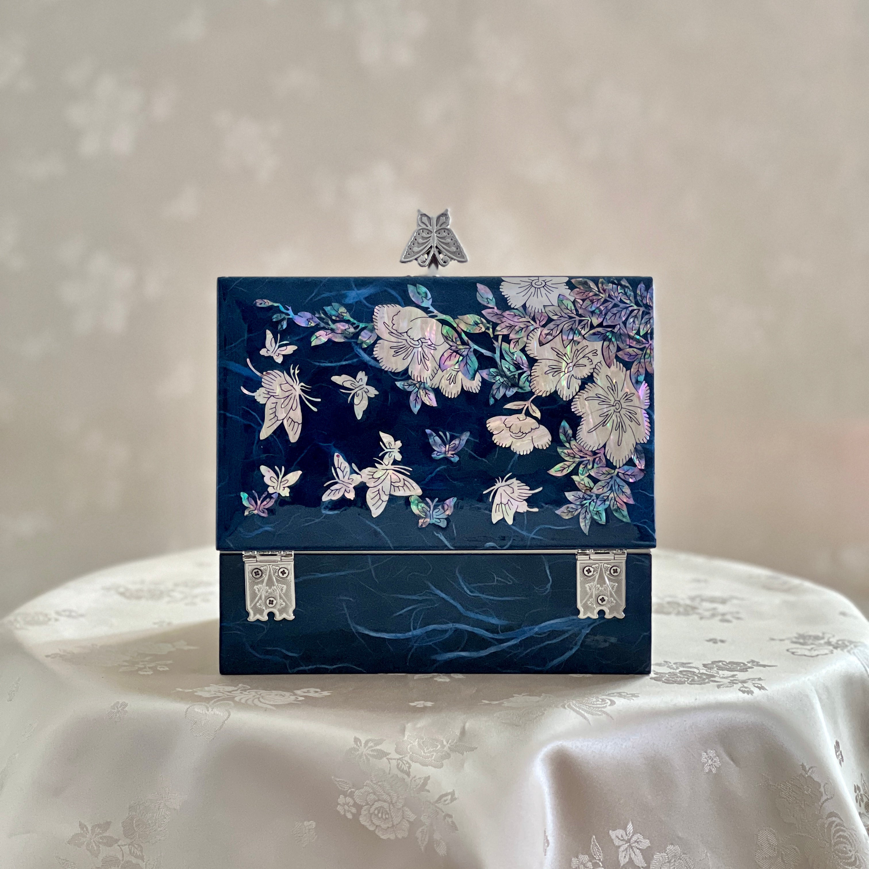 Back view of Handmade Korean mother of pearl jewelry box with crane and pine pattern on navy paper-layered design, perfect for storing valuable jewelry.