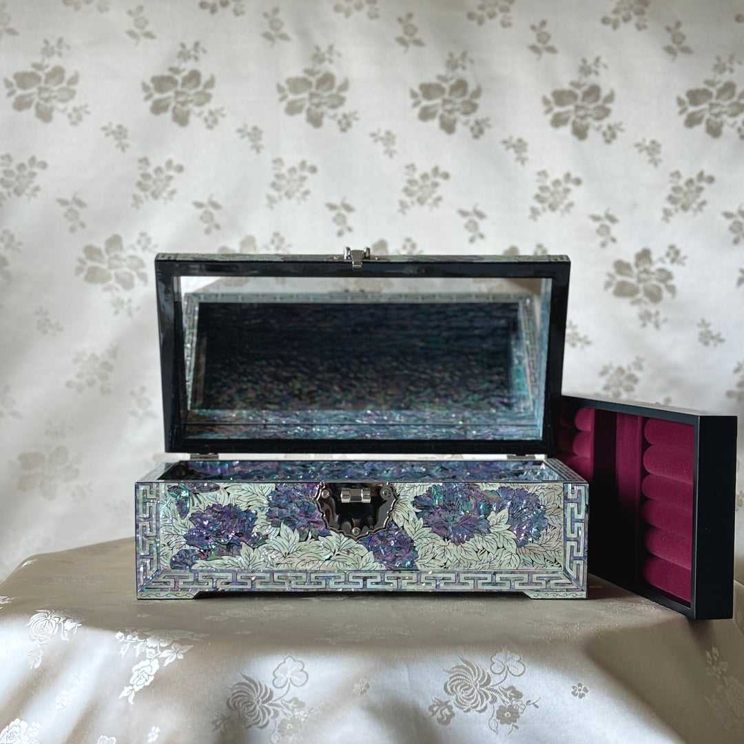 Mother of Pearl Handmade Wooden Jewelry Box with Butterfly and Peony Pattern