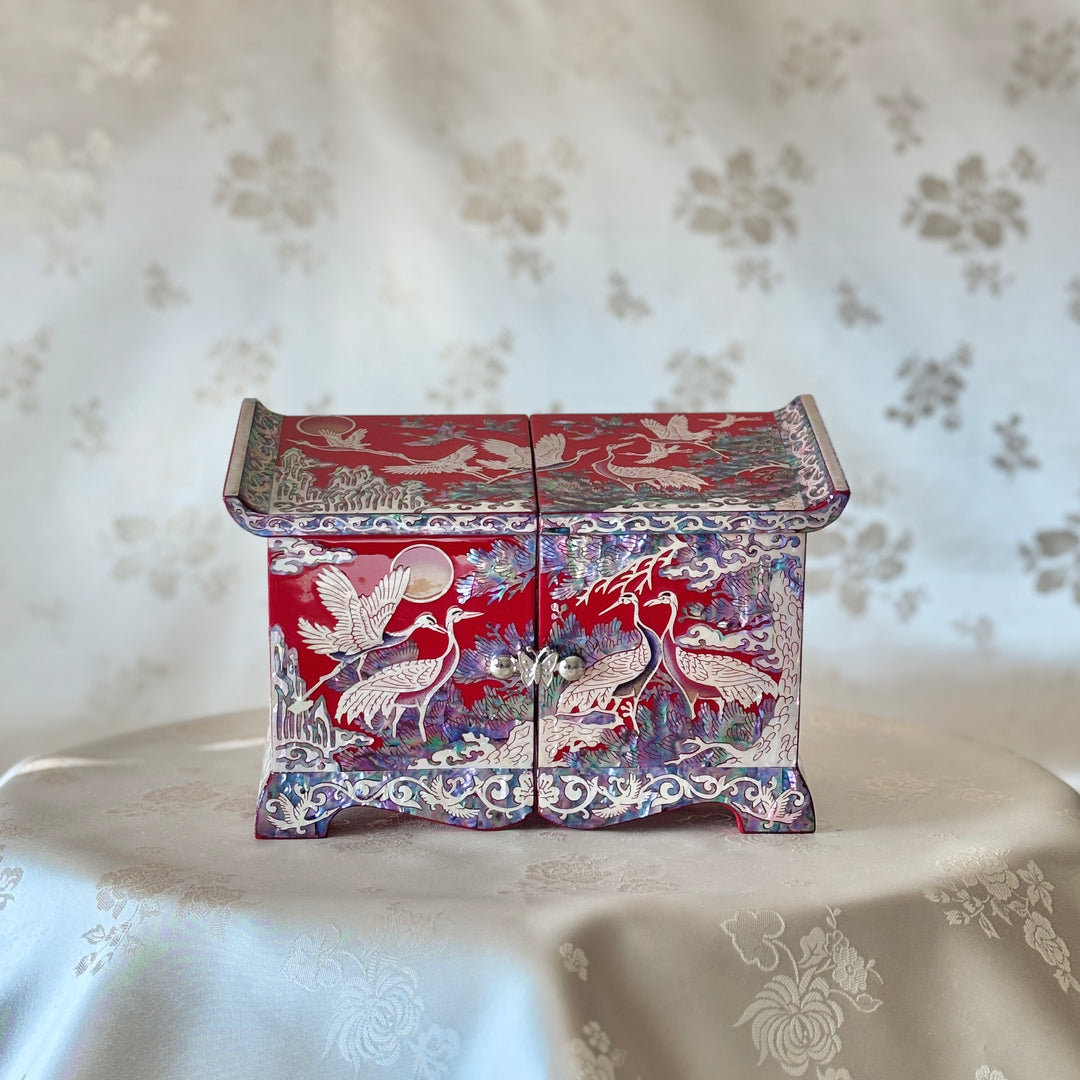 Mother of Pearl Red Jewelry Box with Pine and Crane Design